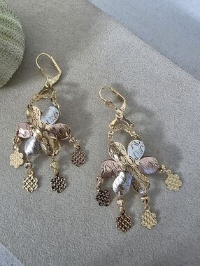 Gold Filled Tri-Tone Flower Dangle Earrings Rose White Yellow Gold Floral Drop